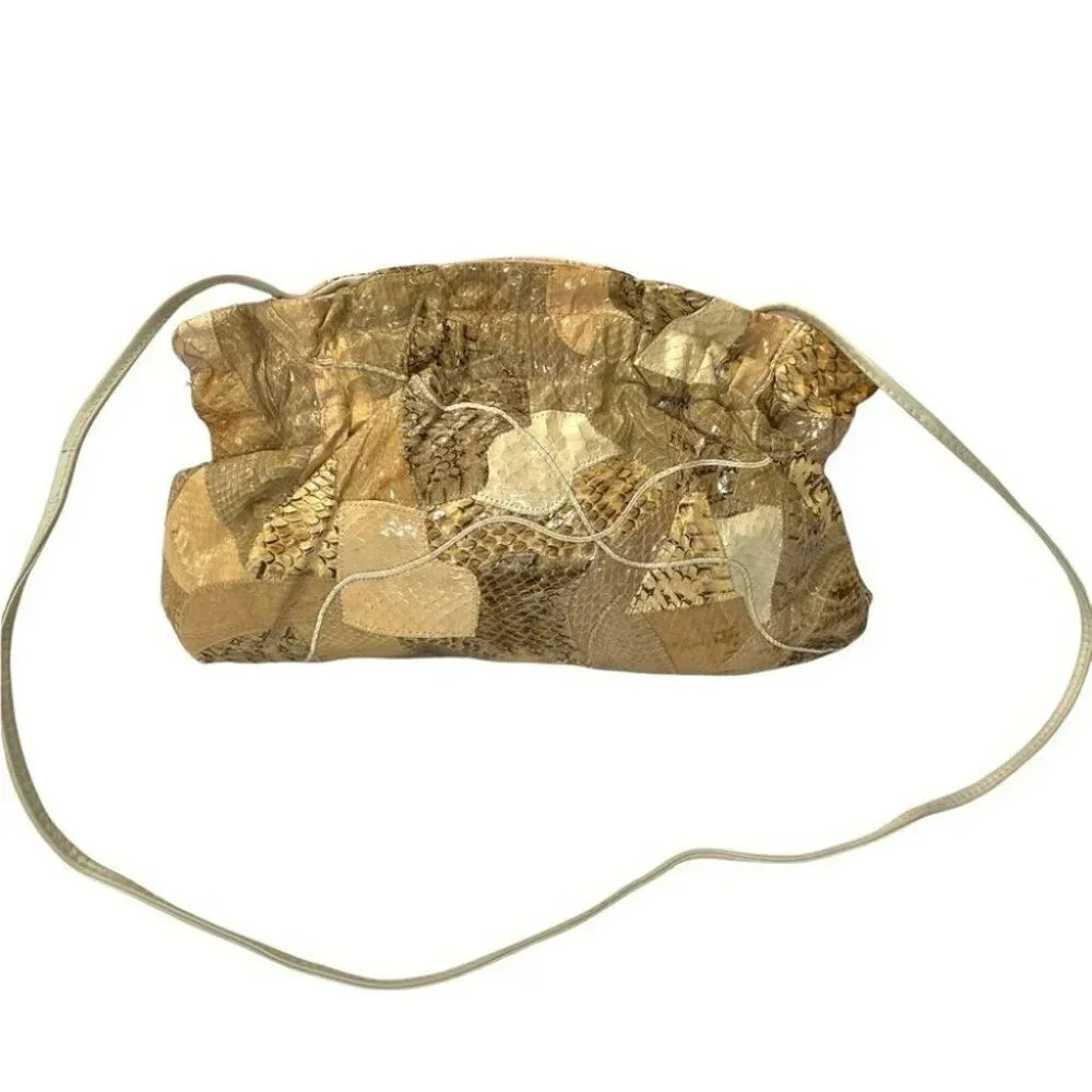 Y2K Lyrella Patchwork Snakeskin Crossbody Bag Tan Beige Vintage Exotic Leather